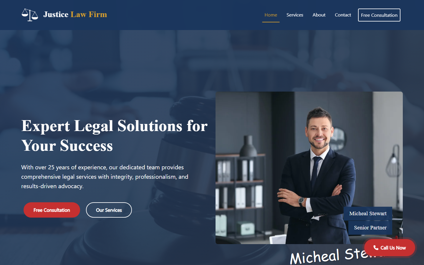 Justice Law Firm website homepage, headlined Expert Legal Solutions for Your Success